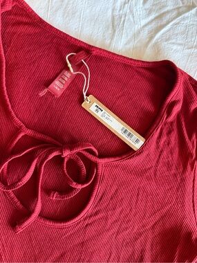 Ribbed Tie-Front Top - Brick